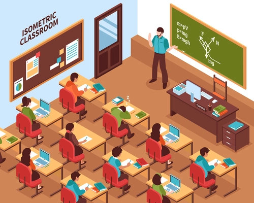 High school lesson isometric poster with teacher at chalkboard and listening students at their desks vector illustration