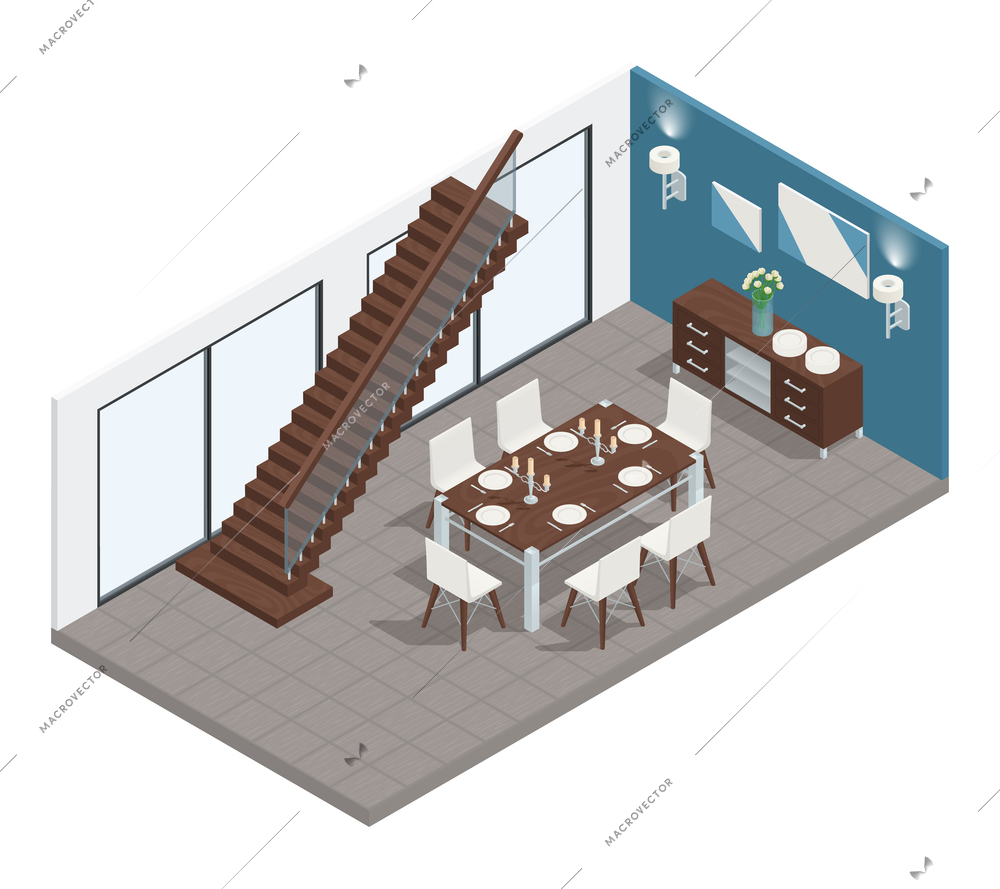 Dining room isometric concept with stairs  table and chairs vector illustration