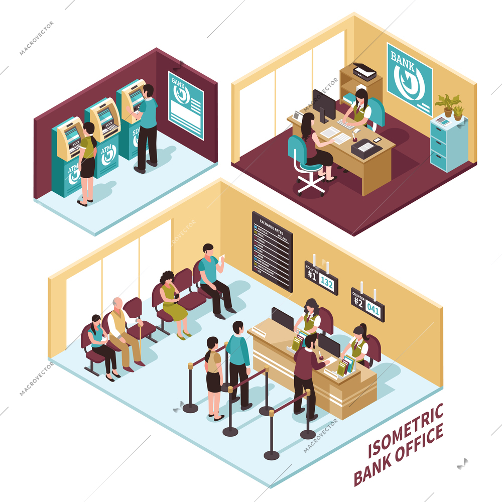 Isometric bank office composition including staff at workplaces with visitors, waiting places, atm zone isolated vector illustration