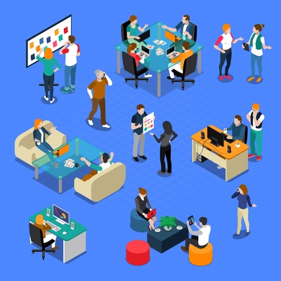 Coworking isometric set with people in workplace, during talking or creative process, interior elements isolated vector illustration