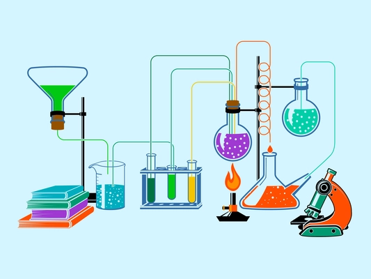 Scientific chemistry physics research education laboratory equipment flat design elements background vector illustration