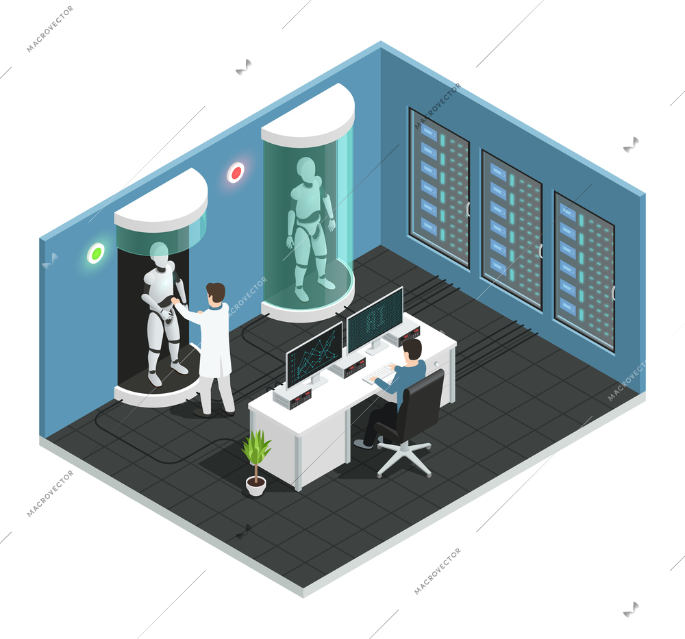 Colored realistic artificial intelligence isometric composition with scientific laboratory with a scientist vector illustration