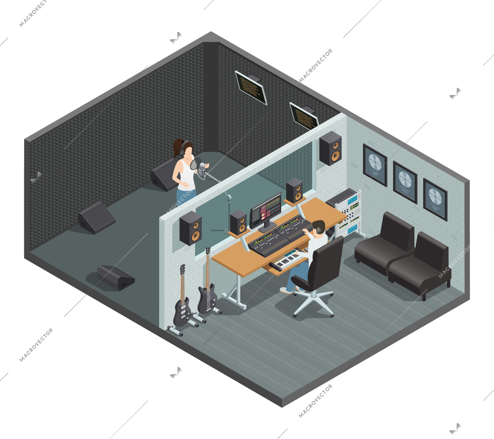 Isometric interior of music studio with soundproof booth for vocal recording control room and people characters vector illustration