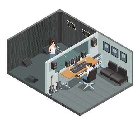 Isometric interior of music studio with soundproof booth for vocal recording control room and people characters vector illustration