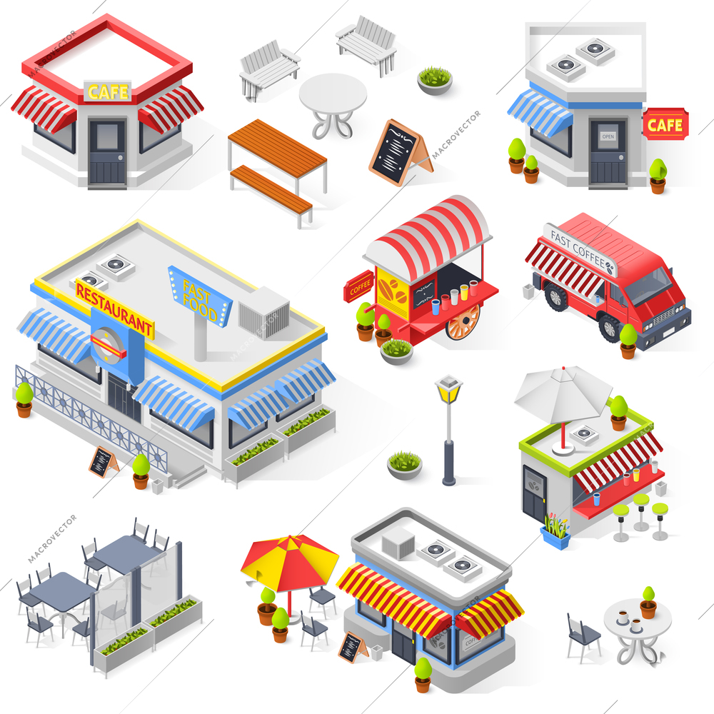 Set of street restaurant and cafe isometric icons with hot dog carts fast food truck and mini market isolated vector illustration