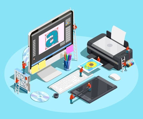 Graphic design isometric conceptual composition with workplace of designer and little people on computer printer and tablet vector illustration