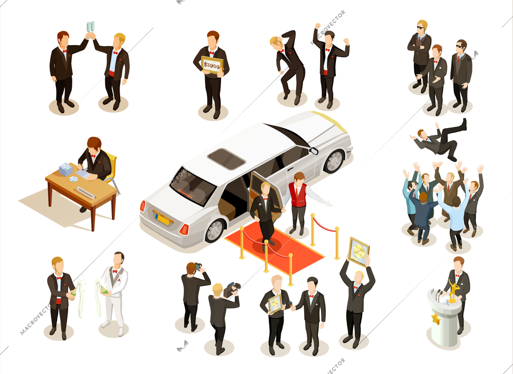 Music festival winner award ceremony with limousine red carpet money check presentation isometric icons composition vector illustration