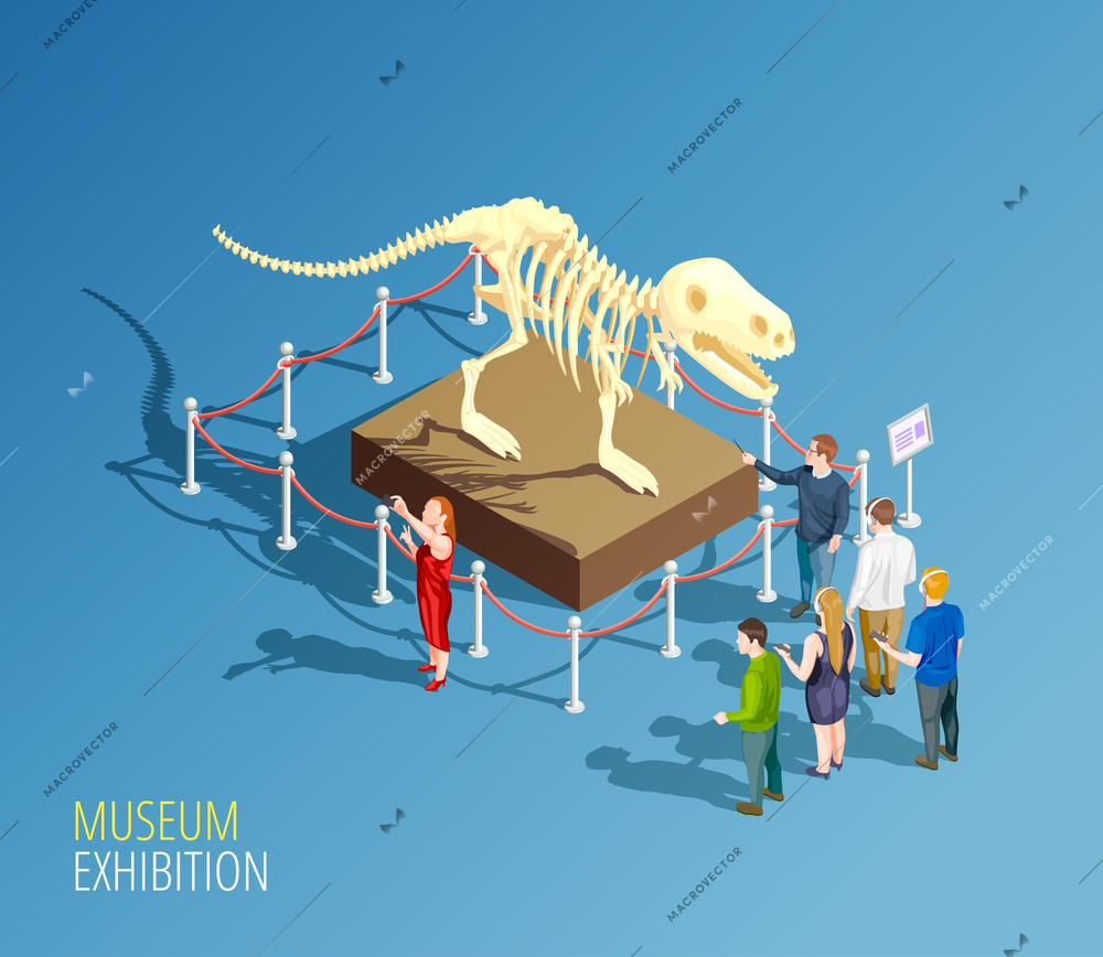 Museum infographic background with isometric composition of dinosaur skeleton and group of visitors to a museum vector illustration