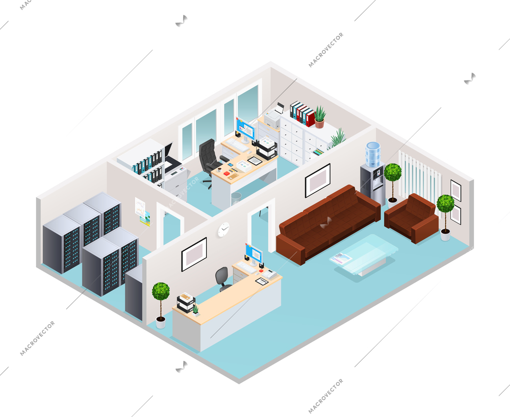Office interior isometric design including waiting area with soft furniture reception server room working cabinet vector illustration