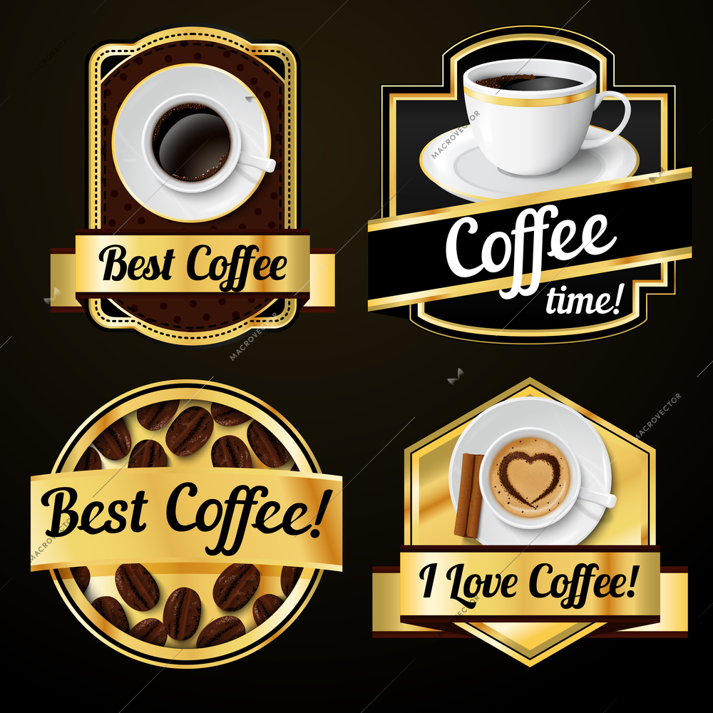 Coffee espresso cappuccino latte with milk froth cups labels set vector illustration