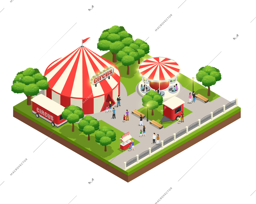 Amusement park isometric composition with carousel circus tent ticket cashier kiosk and people with kids vector illustration