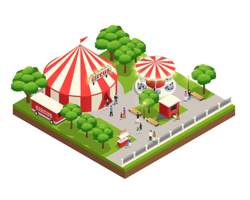 Amusement park isometric composition with carousel circus tent ticket cashier kiosk and people with kids vector illustration