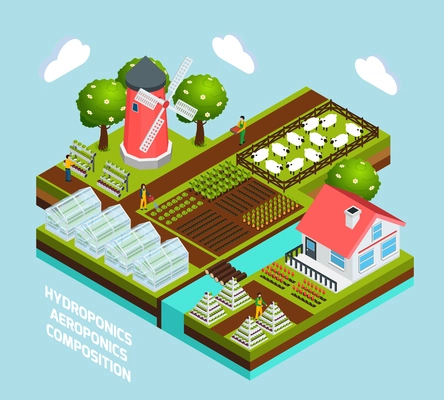 Hydroponics and aeroponics isometric concept with greenhouse and farming symbols  vector illustration