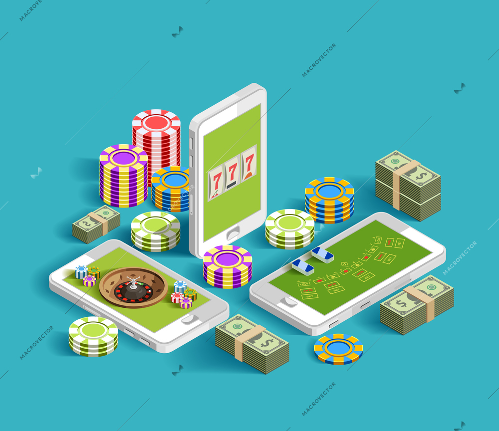 Casino isometric icons composition with chips bundles of banknotes and smartphone images with casino gaming apps vector illustration