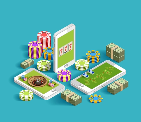 Casino isometric icons composition with chips bundles of banknotes and smartphone images with casino gaming apps vector illustration