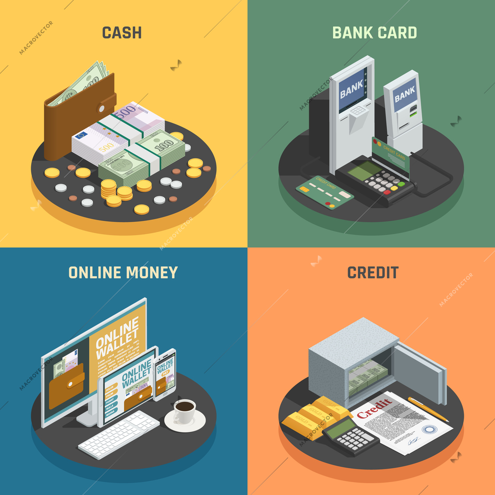 Payment methods 4 isometric icons square with cash credit bank cards and online transactions isolated vector illustration