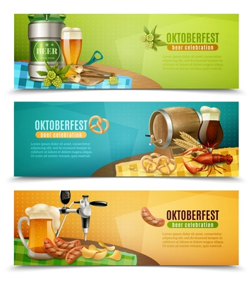 German oktoberfest 3 horizontal banners set with canned draft and oak barrel dark beer vector illustration