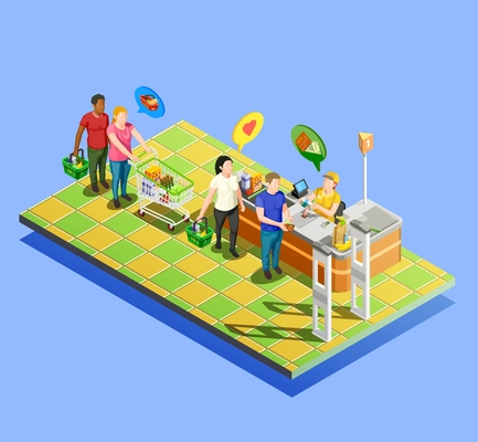 Isometric people shopping line composition of marketer human characters with trolleys carts and flat thought bubbles vector illustration