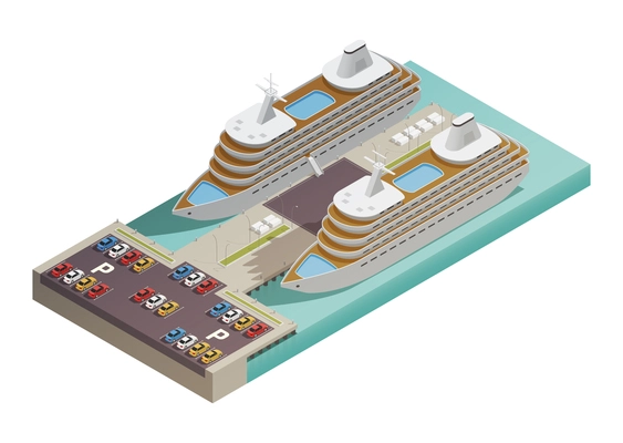 Two large  modern cruise ships in harbor with parking lot at waterfront isometric composition poster vector illustration