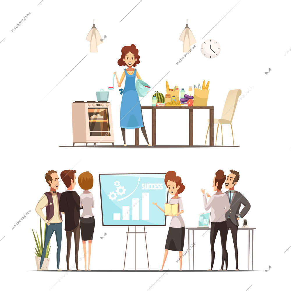 Motherhood 2 retro cartoon work family balance concept with  cooking home and successful business presentation isolated vector illustration