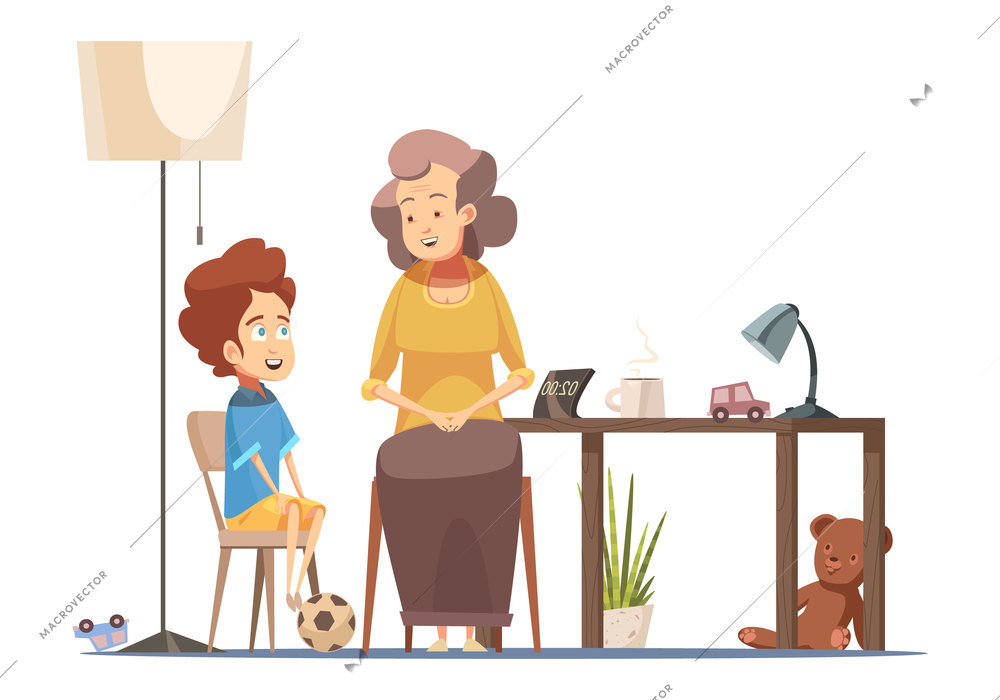 Grandmother talking to little grandson at dining room table senior woman character retro cartoon poster vector illustration