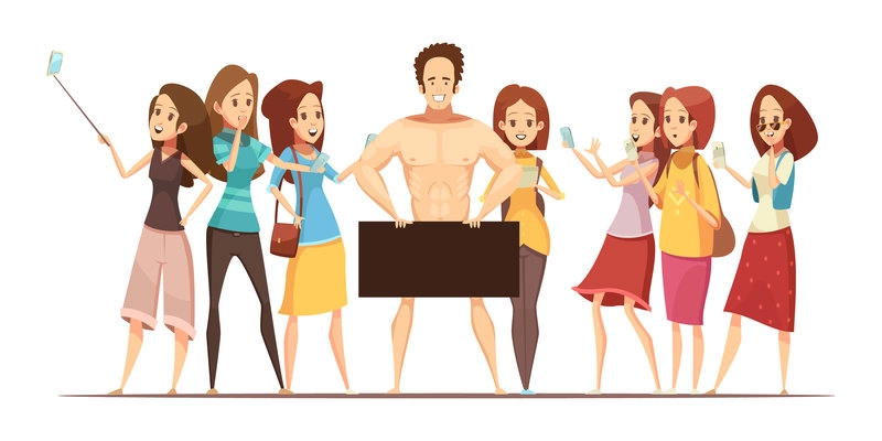 Teenage girls making photos with electronic gadgets of male model at art studio retro cartoon vector illustration