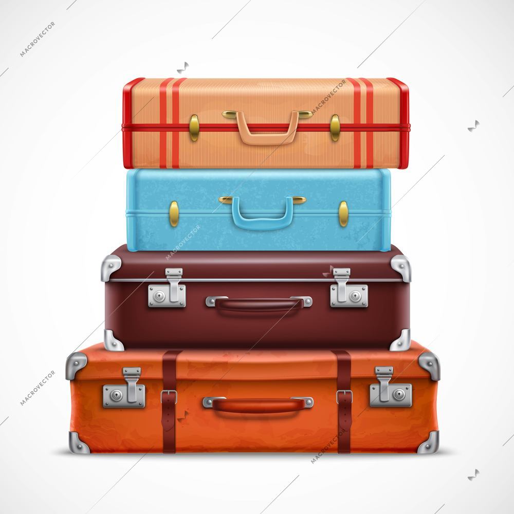 Classic leather retro travel suitcases pile brown blue with straps front view realistic 3d set vector illustration