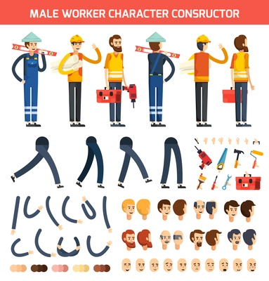 Flat colored male worker character constructor composition with isolated elements legs hands and heads vector illustration