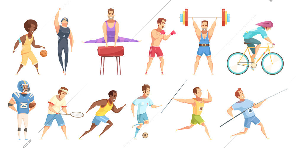 Sportsman retro cartoon set of flat isolated male athlete characters in physical fitness uniform with equipment vector illustration