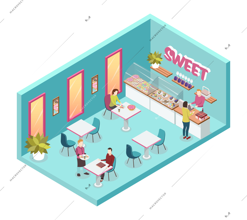 Sweet shop inside with waiters and consumers, counter, showcases with desserts, tables and chairs isometric vector illustration