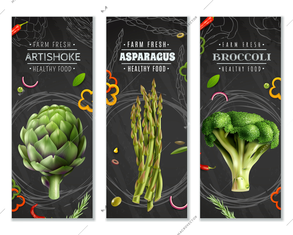 Healthy food vertical banners with farm fresh vegetables broccoli artichoke and asparagus realistic images vector illustration