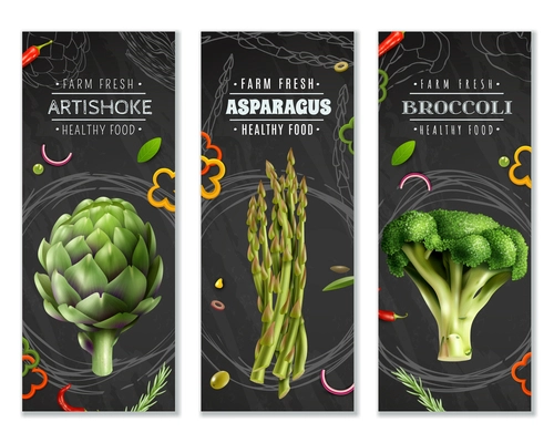 Healthy food vertical banners with farm fresh vegetables broccoli artichoke and asparagus realistic images vector illustration