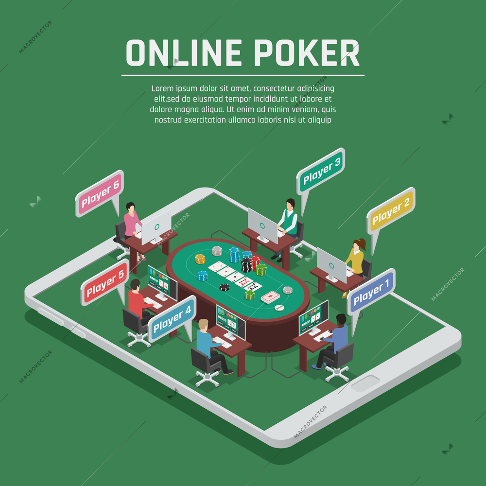 Online casino advertisement emerald green background isometric poster with poker game table chips and players vector illustration