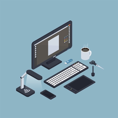 Isometric workplace background with desktop computer display keyboard graphic tablet smartphone scissors and coffee cup images vector illustration