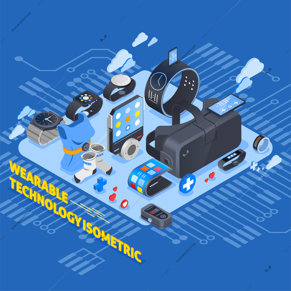 Wearable technology isometric design with smart clothing, virtual reality glasses, watches, smartphone on blue background vector illustration