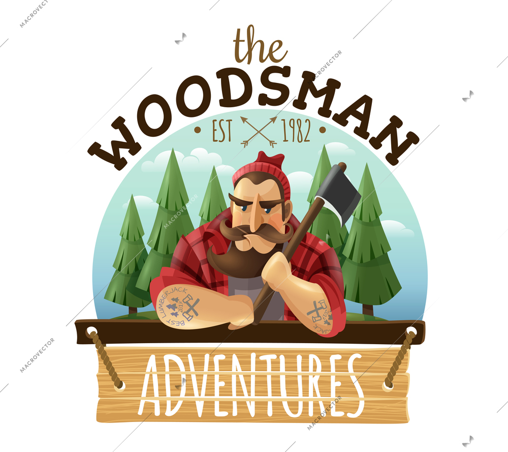 Typical lumberjack woodsman holding ax with strong muscled tattooed hands adventures sign board icon label vector illustration