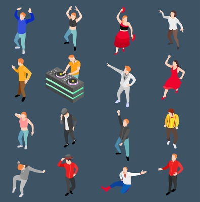 Dance isometric people collection with human characters performing in modern and traditional style with disc jockey vector illustration