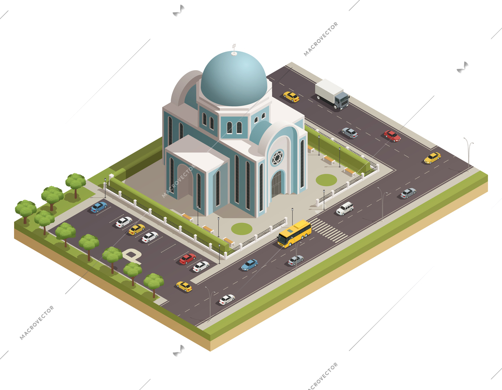 Classic religious worship and spiritual rituals temple building with parking lot surrounded with busy roads isometric vector illustration