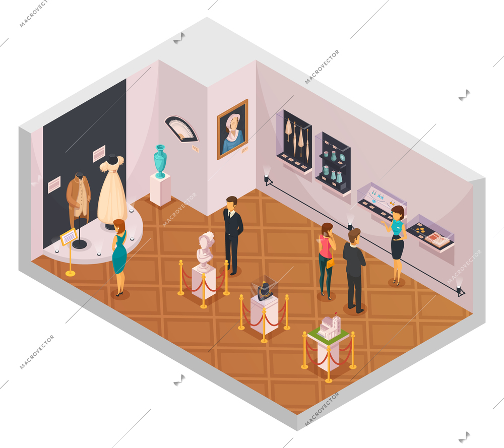 People in museum hall isometric composition with guide and visitors viewing historical fashion exhibition 3d vector illustration