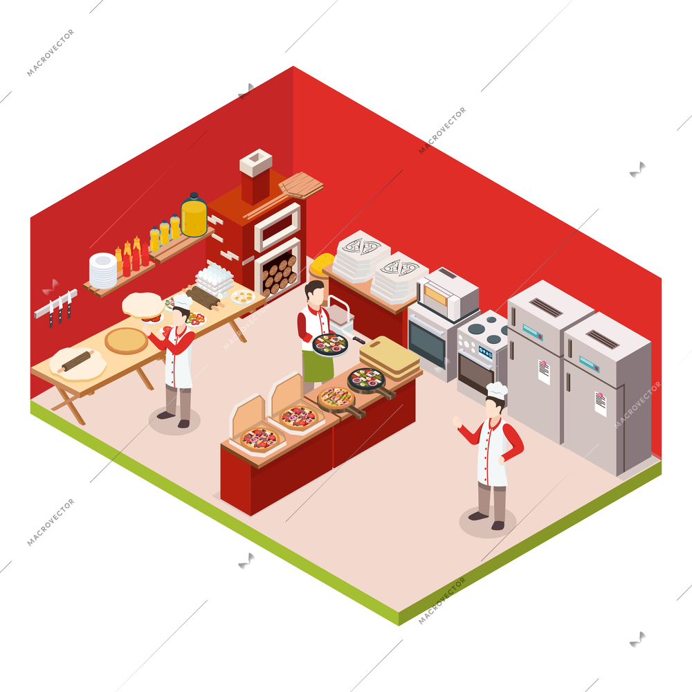 Isometric pizzeria colored background with employees work at the kitchen and prepare orders vector illustration