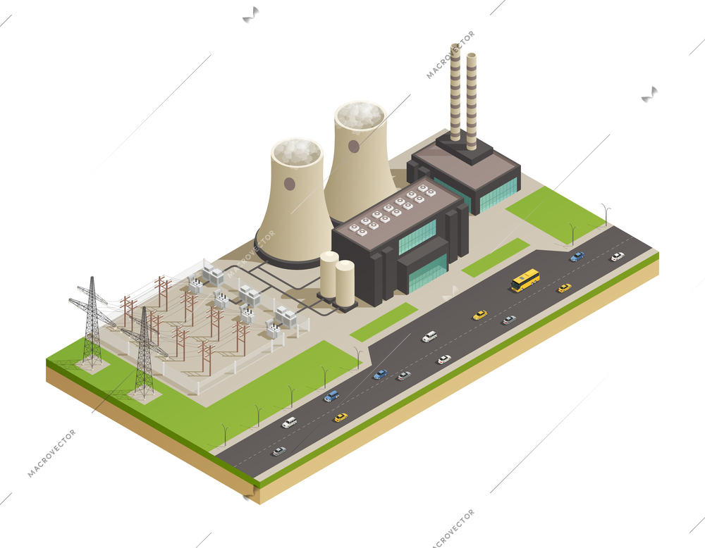 Electric power generation transmission and distribution  facilities network isometric composition with neigboring motorway 3d model vector illustration