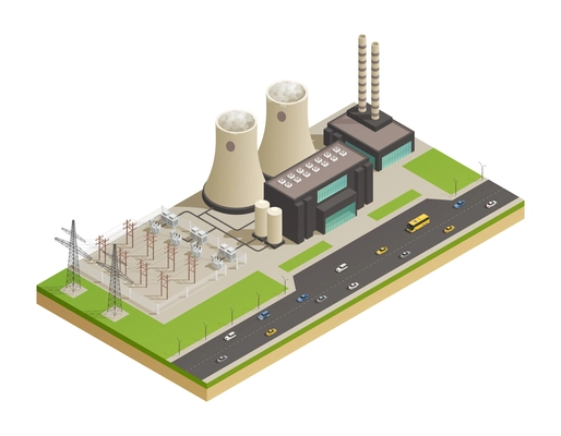 Electric power generation transmission and distribution  facilities network isometric composition with neigboring motorway 3d model vector illustration