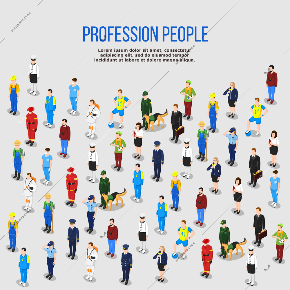 People background isometric composition of isolated human characters representing various occupations with shadows and editable text vector illustration