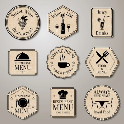 Restaurant menu food and drinks  wine list labels set isolated vector illustration