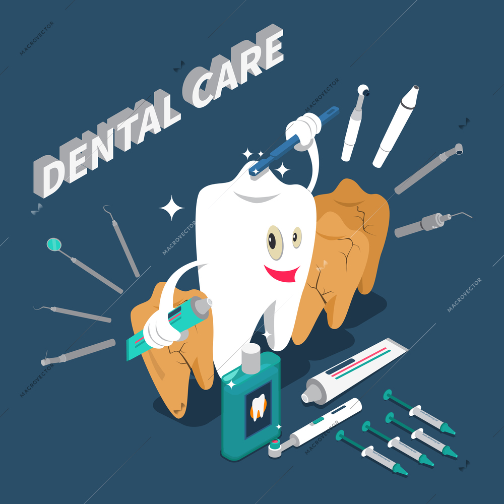 Dental care isometric concept with cartoon character in shape of tooth holding toothpaste and toothbrush vector illustration