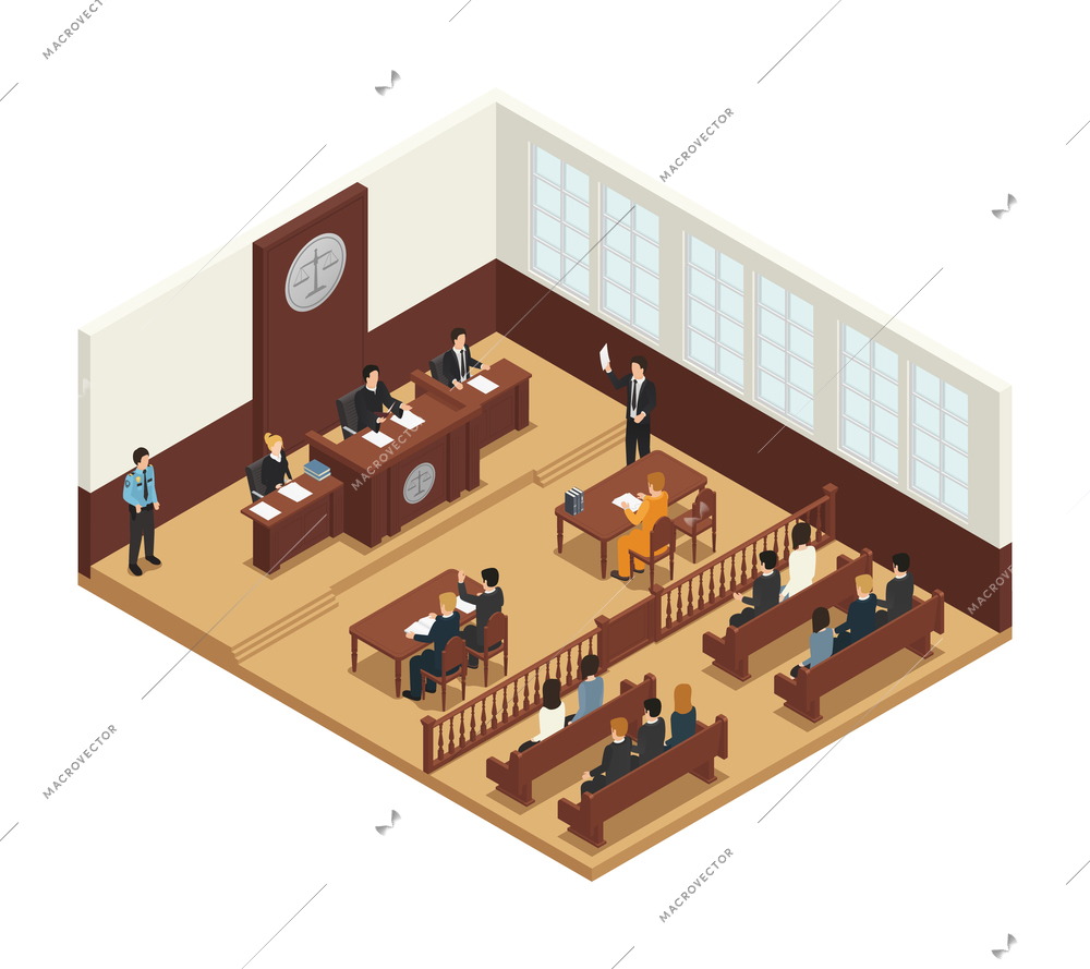 Law justice criminal trial courtroom proceedings isometric composition icon with judge bench defendant attorneys audience vector illustration