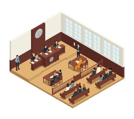 Law justice criminal trial courtroom proceedings isometric composition icon with judge bench defendant attorneys audience vector illustration