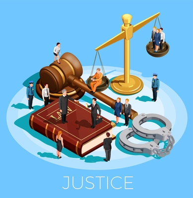 Law design isometric conceptual composition with little people on top of balance gavel legal code and wristbands vector illustration