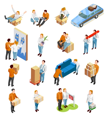 Moving people isometric collection of isolated human characters goods boxes and furniture for the new apartment vector illustration