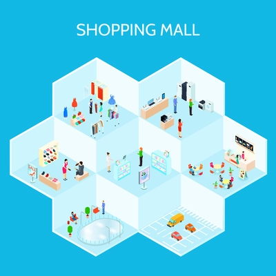 Isometric shopping mall composition with different type of stores and with walls vector illustration